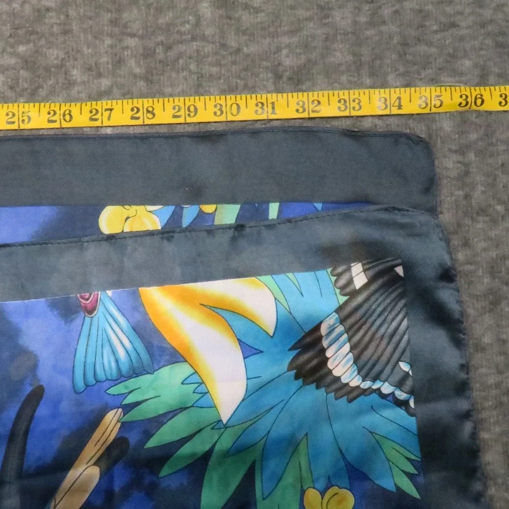 Vintage‎ Silk Scarf Birds Floral Blue Flamingo Butterflies Tropical Boho Island